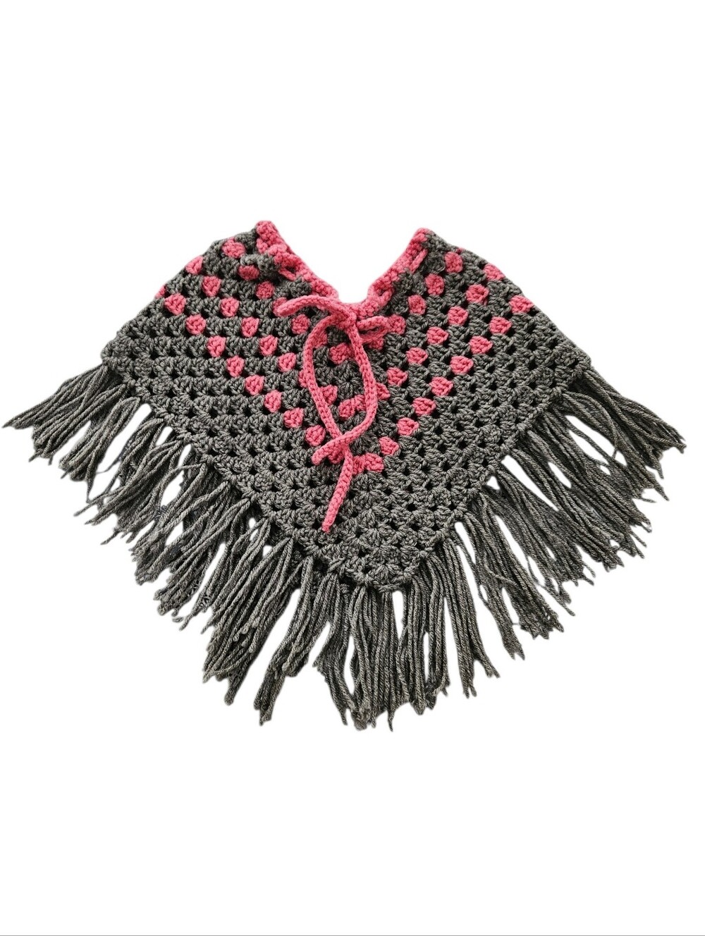 Handmade Crochet Fringe Poncho in Charcoal Gray & Pink New!